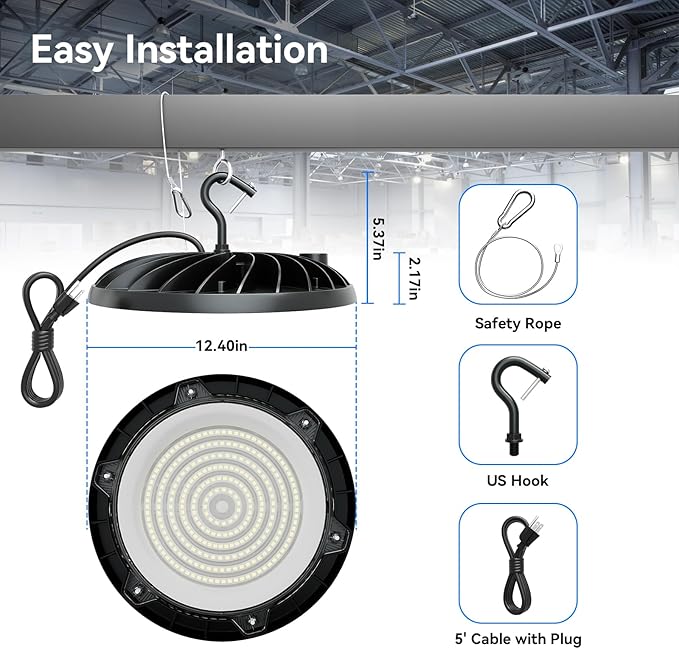 UFO LED High Bay Light 200W, 30000 lumen LED Shop Light, 4000K/5000K 2 CCT Selectable UFO Lights, 5' Cable with US Plug&Safety Rope, IP65 Waterproof Commercial Bay Lighting UL&ETL Listed, 10 Pack