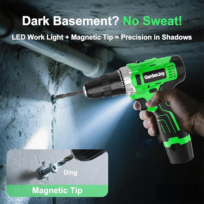 12V Green Cordless Drill Kit, Home DIY, 2 Batteries & Fast Charger, Compact, 2-Speed, 3/8" Keyless Chuck, 24+1 Torque, LED Light for Wood and Metal