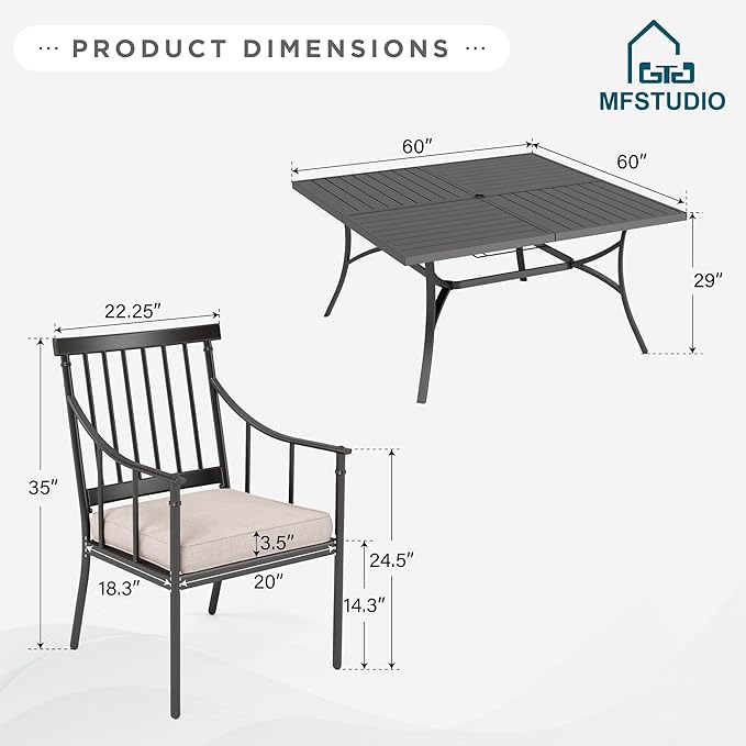MFSTUDIO 9PCS Metal Patio Dining Set, 1 Square Outdoor Table of 1.57" Umbrella Hole and 8 Armchairs with Removable Cushions for Porch Backyard Balcony Deck
