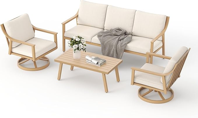 Patio Conversation Sets 4 Pieces - Aluminum 3 Seater Sofa Outdoor Furniture Sets with Thick Cushion, Coffee Table and Swivel Chairs Set of 2, Rustproof and Waterproof for Porch Deck Yard,Beige