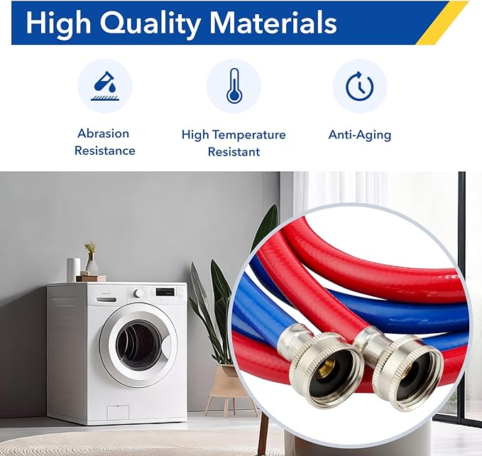 10 FT Rubber Washing Machine Hoses, Red and Blue Washer Hoses,Burst Proof Hot & Cold Water Connection Inlet Washer Supply Lines Universal for All Standard Wash Machines