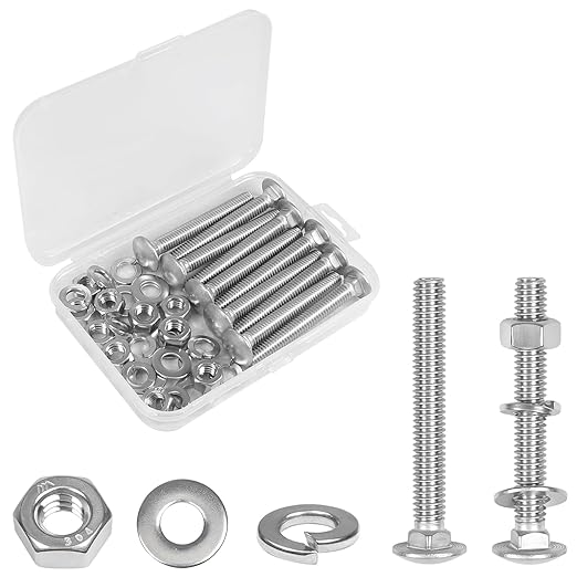 Yinpecly 10 Sets 5/16-18 x 2-1/2" Carriage Bolts Screws, 304 Stainless Steel Round Head Square Neck Carriage Bolts and Nuts Kit, with Flat & Lock Washers, Full Thread Coverage
