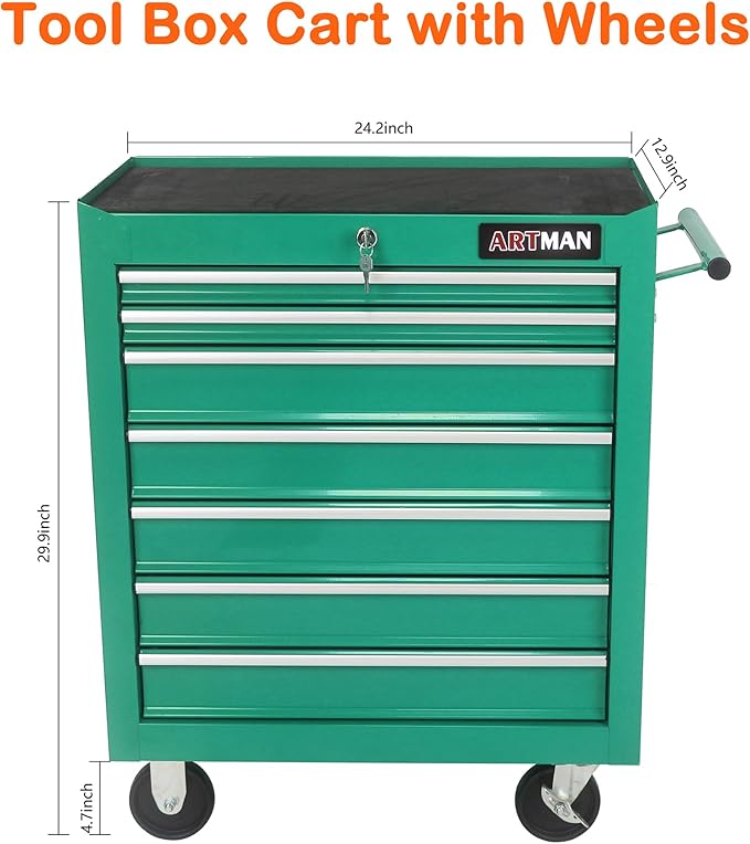 7 Drawers Tool Cart on Wheels,Multifunctional Rolling Tool Chest Tool Storage,Drawers Rolling Tool Trolley Organizer Tool Case for Repair Shop,Garage,Warehouse,Workshop (7 Drawers-29.9"H-Green)