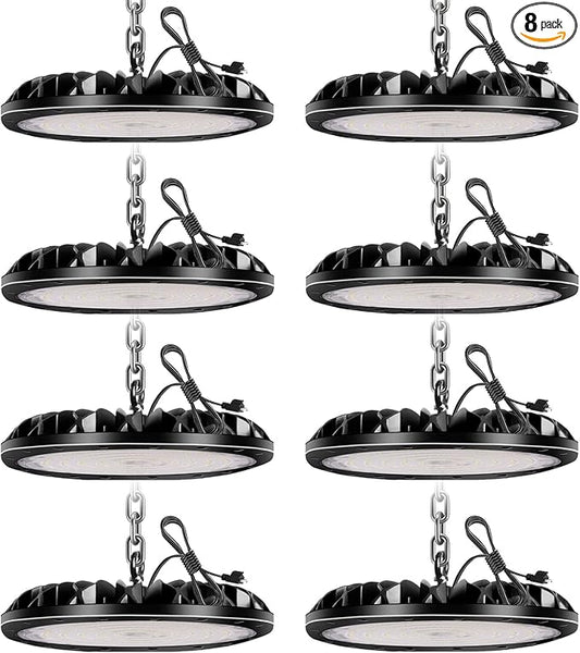 8 Pack LED High Bay Light 300W 30000LM, UFO LED Shop Light with 4ft Plug Cable, 6500K Commercial Bay Lighting, IP65 Waterproof for Warehouse Workshop