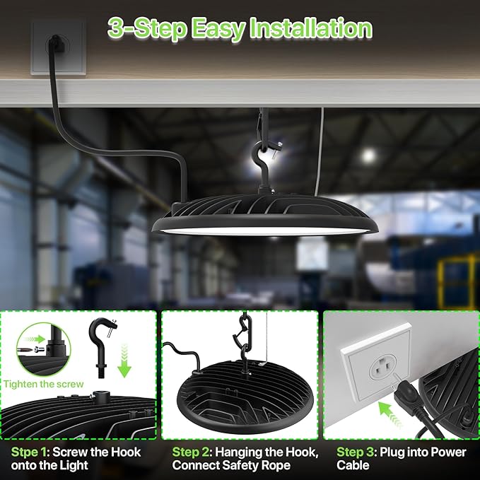 Glitgate LED High Bay Light 200W, 28000LM 5000K UFO High Bay LED Light with US Plug, Hanging Hook, IP65 Waterproof Commercial Bay Lighting for Barn, Warehouse, Factory ETL Listed