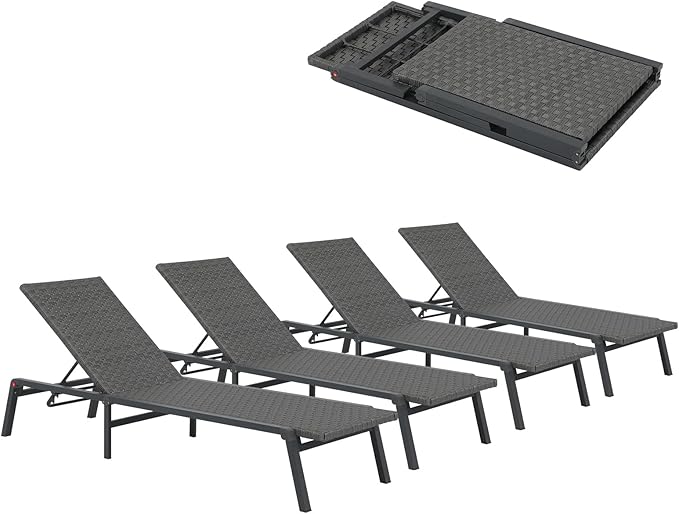Patiorama Patio Chaise Lounge Set of 4, Aluminum Outdoor Folding Lounge Chair, All-Weather PE Rattan Wicker Adjustable Reclining Lounge Chair for Outside,Portable Sun Lounger for Beach Lawn Pool-Grey