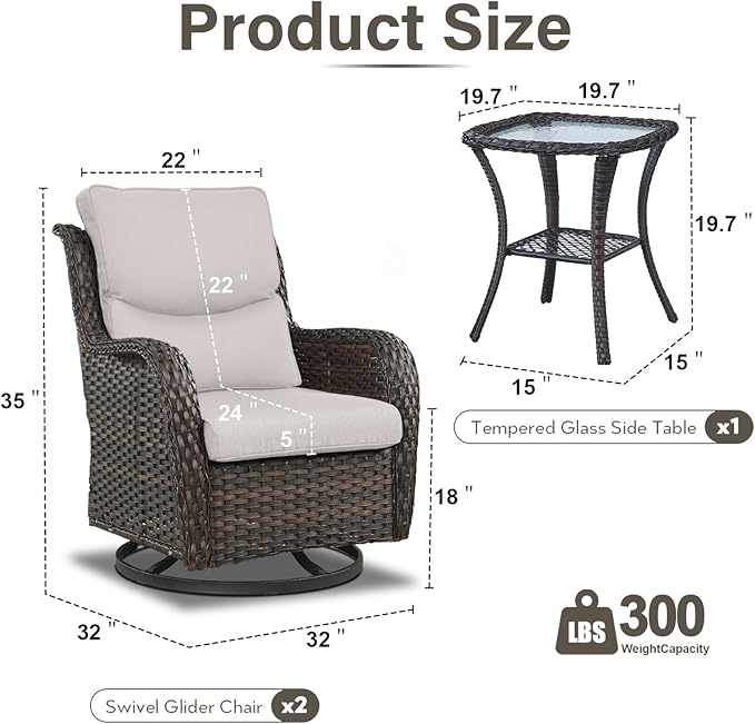 Outdoor Swivel Rocker Patio Chairs with 5" Thick Cushion - 3 Piece Wicker Bistro Set with Side Table, High Back Comfty Outdoor Glider Chairs for Balcony, Porch, Deck, Poolside - Brown/Beige