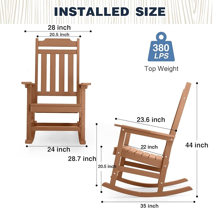 Rocking Chair, All Weather Resistant Poly Lumber Outdoor Porch Rocker, Rocking Chairs for Outdoor, Indoor, Patio, Deck, Garden, Backyard, Load Bearing 380 lbs - Teak