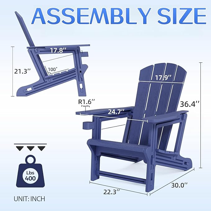 Adirondack Chair Set of 2, All Weather Plastic Adirondack Chairs, Fire Pit Chairs with Cup Holder, Outdoor Lawn Chair for Patio, Garden, Backyard,Navy Blue