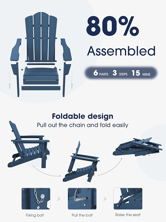 KINGYES Folding Adirondack Chair Set of 6, HDPE All-Weather Adirondack Chair, Navy