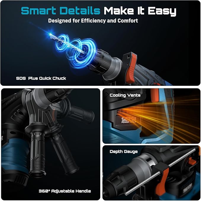 Seesii Powerful Rotary Hammer Drill: 13 Amp 6J Power, 1-1/4" SDS-Plus Demolition Rotary Hammer for Concrete, 4-in-1 Multi-Function Tool with Safety Clutch & Vibration Control for Home and Pro Projects