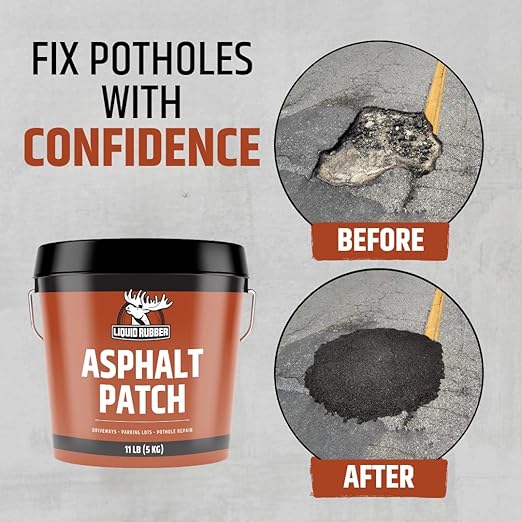 Liquid Rubber Asphalt Patch – 11lb Pail Ready-to-Use Pothole Repair for Driveways, Parking Lots, Pathways & Roads – Easy All-Weather Application – No Mixing Required