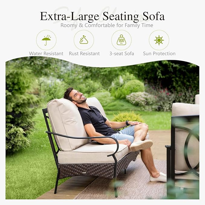 Sophia & William Patio Furniture Set with Fire Pit Table, 6 PCS Metal Outdoor Conversation Set with Fire Pit Table, 2 Swivel Chairs,2 Ottoman, 3-Seater Couch for Outdoor Seating, Backyard, Porch