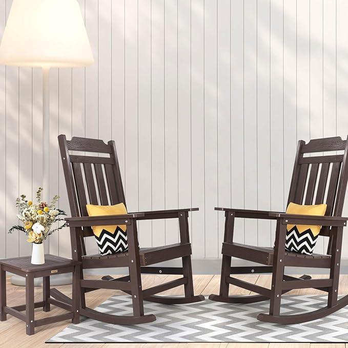 Rocking Chair, All Weather Resistant Poly Lumber Outdoor Porch Rocker, Rocking Chairs for Outdoor, Indoor, Patio, Deck, Garden, Backyard, Load Bearing 380 lbs - Brown