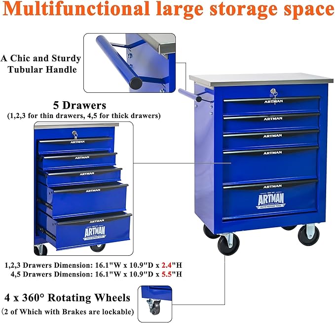 5 Drawers Tool Cart on Wheels, Multifunctional Rolling Tool Box, Drawers Rolling Trolley Organizer Tool Storage Chest for Garage,Workshop,DIY Multiple Interconnectable(4 Drawers-30.5" H)