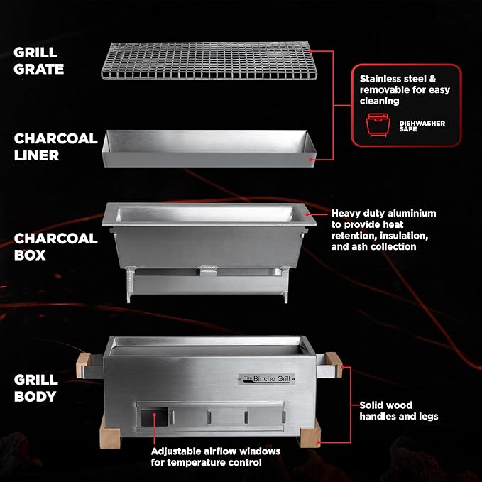 The Bincho Grill – 16" Mini Yakitori Grill – Stainless Steel Mini Tabletop Charcoal BBQ with Charcoal Box, Optimized Airflow & Cool-Touch Base - Perfect for Japanese Grilling, Skewers, Meat, Seafood