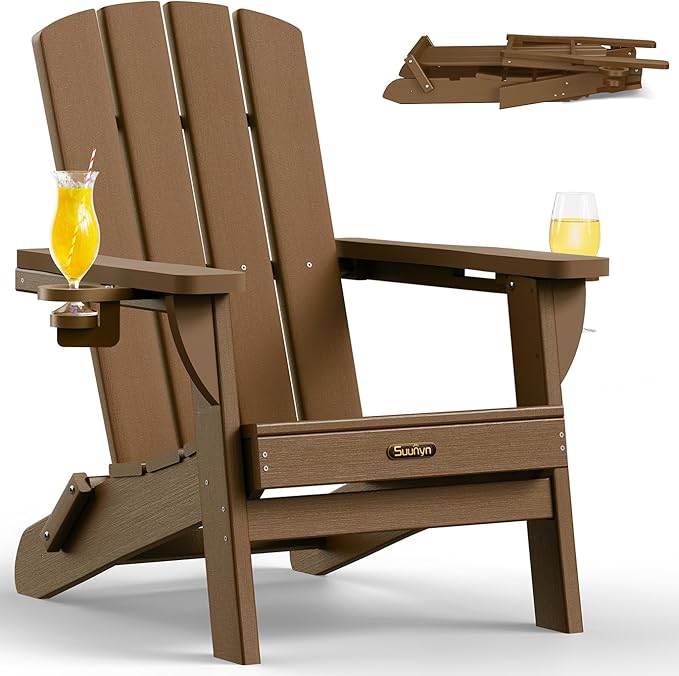 Folding Adirondack Chair, HDPE All-Weather Fire Pit Chairs, Plastic Adirondack Chairs with 2 Cup Holder, Outdoor Lawn Chair for Patio Garden (Brown)