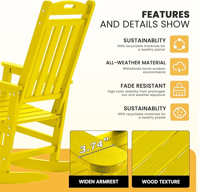LOUNZY Outdoor Rocking Chair with Footboards Set of 2, HDPE Rocking Chair Patio Porch Rocker with 380lbs Support for Adult, Yellow