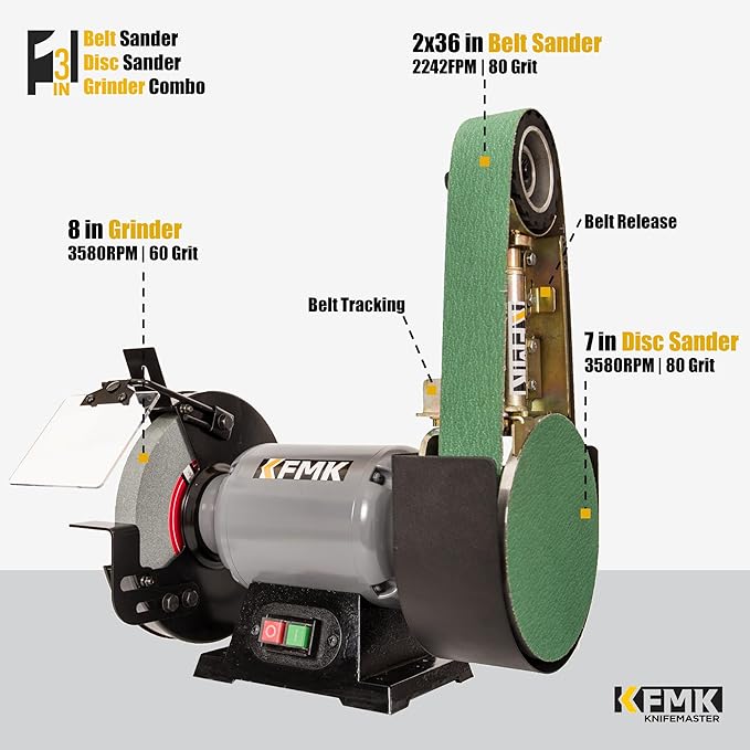 3in1 2"x36" Belt Sander 7" Disc Sander and 8" Grinder Combo, 3.1 Amp Bench Belt Sander for Metal Working, 2 inch Belt Grinder for Knife Making and Sharpening, KF8236