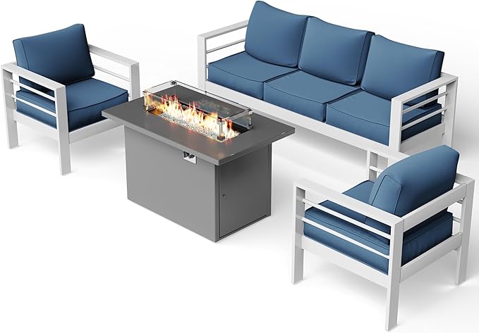 UDPATIO 8 Piece Aluminum Patio Furniture Set with Aluminum Fire Pit Table,Mordern Outdoor Furniture Set with Water-Proof Cover Included, White/Navy