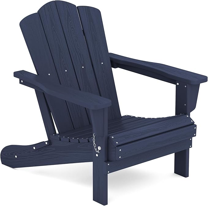 KINGYES Folding Adirondack Chair, HDPE All-Weather Patio Chairs, Wooden Textured Lawn Chair for Poolside, Backyard, Deck, Fire Pit, Navy Blue