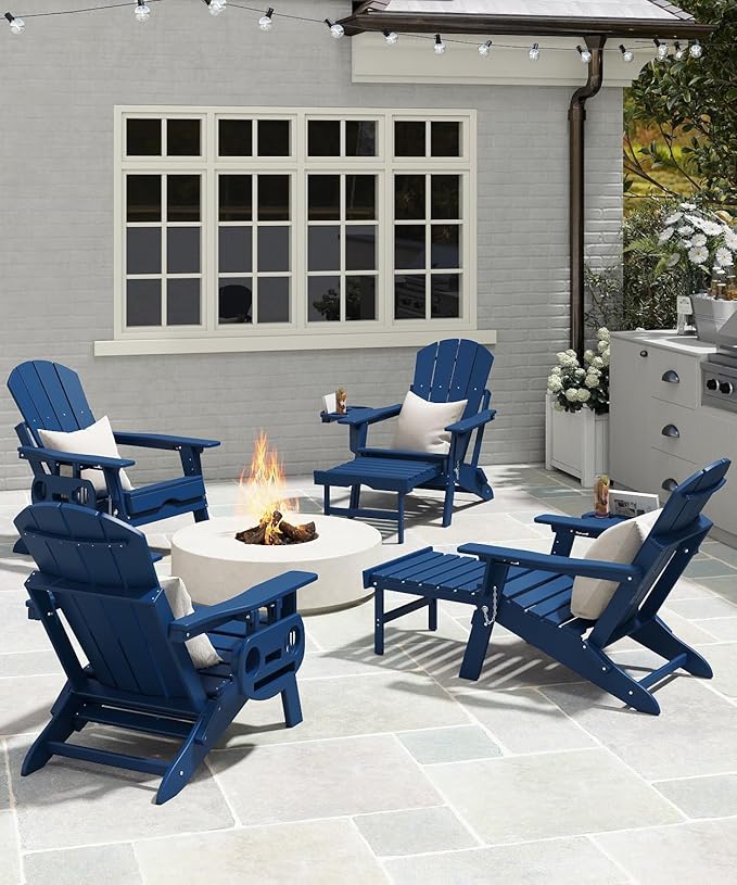 Adjustable Adirondack Chair with Retractable Ottoman Set of 2, HDPE Folding Adirondack Chair with Cup Holder, All Weather Fire Pit Chair for Outdoor.