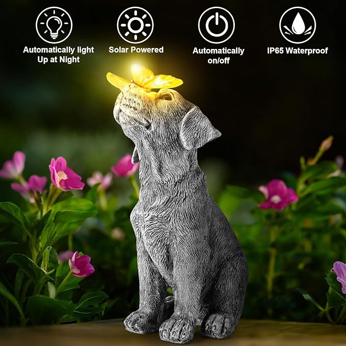 Garden Statues Dog Statue with Solar Butterfly, Ideal Gifts for Friends or Family's Birthday, Outdoor Decorations for Yard