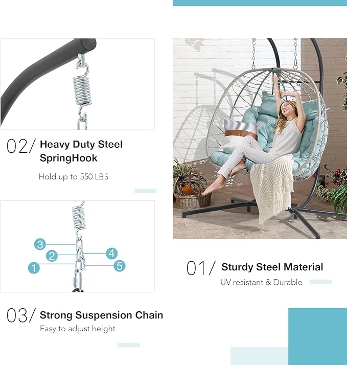 Patiorama 2 Person Double Egg Swing Chair with Stand Indoor Outdoor, Patio Wicker Rattan Hanging Egg Chair w/Cushion, Pillow, Foldable Hammock Chair 550lbs for Bedroom, Balcony, Garden (Light Blue)