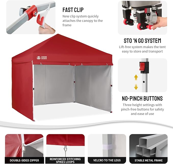 CROWN SHADES 10X10 Comercial Instant Canopy Pop Up Tent with Center Lock (10x10 with 4 Sidewalls, Red)
