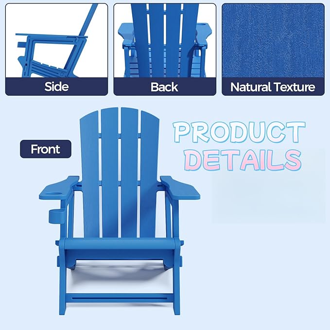 Adirondack Chairs Set of 4,Adirondack Chair with Cup Holders,Wooden Textured Plastic Fire Pit Chair,All-Weather Outdoor Patio Chairs for Lawn,Backyard Deck, Porch,400LBS Heavy-Duty，Klein Blue