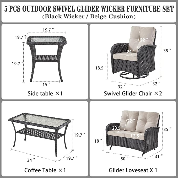 Belord 5 Piece Outdoor Patio Furniture Set with Deep Seating Swivel Rocker Chairs Loveseat and Rattan Coffee Table Outdoor Conversation Sets for Deck Backyard Poolside,Black Wicker/Beige Cushion