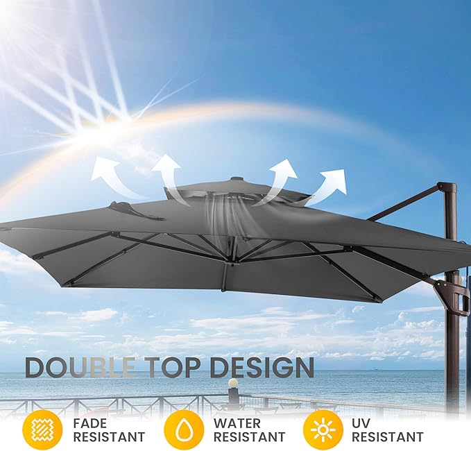 10 X 13 FT Cantilever Patio Umbrella Outdoor Heavy Duty Double Top Windproof Rectangle Offset Umbrellas with 360-degree Rotation for Pool Deck Backyard, Grey