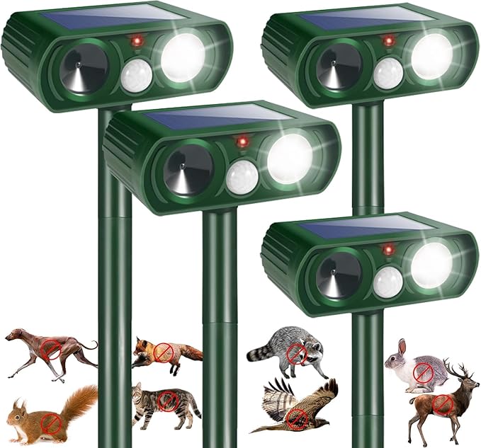 4 Pack Solar Animal Repellent Ultrasonic Cat Deterrent Outdoor, Motion Activated Deer Repellent Raccoon Squirrel Fortress Pro Keep Cats Out of Yard, Waterproof Dog Skunk Raccoon Rabbit Repellent