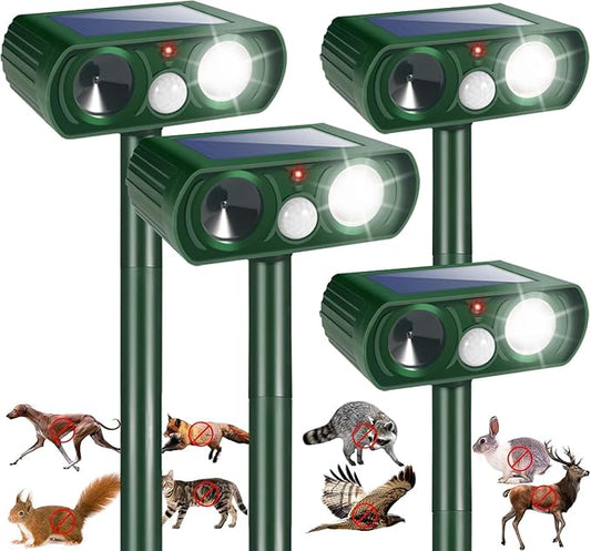 4 Pack Solar Animal Repellent Ultrasonic Cat Deterrent Outdoor, Motion Activated Deer Repellent Raccoon Squirrel Fortress Pro Keep Cats Out of Yard, Waterproof Dog Skunk Raccoon Rabbit Repellent