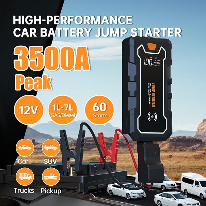 CROS 3500A Car Jump Starter, 24000mAh Battery Booster Pack with Wireless Charger, 12V Portable Jump Box for Gas & Diesel Engines, Power Bank & LED Flashlight