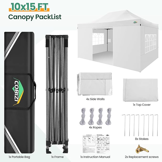 COBIZI 10x15 Pop up Canopy Gazebo 3.0, Easy up Heavy Duty Canopy with 4 Removable Sidewalls, High Stability, All Weather Sunshade 100% Waterproof Outdoor Canopy Tents, White