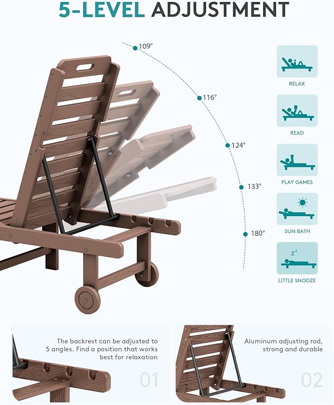 SERWALL Patio Chaise Lounge Set of 4, HDPE Outdoor Lounge Chair with Cup Holder, 5 Positions Adjustable Poly Lounge Chair with Rolling Wheels for Poolside, Deck, Sunbathing, Brown
