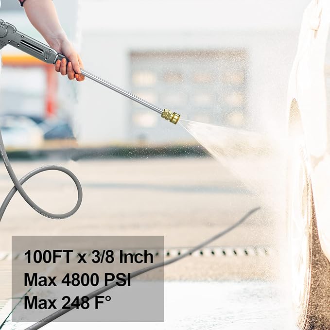 3/8'' Pressure Washer Hose 50 FT, Hot and Cold Water Power Washer Hose Max 248°F, Commercial Industrial Grade Steel Wire Braided Kink Proof Extension Hose with 3/8 Quick Connect 4800 PSI