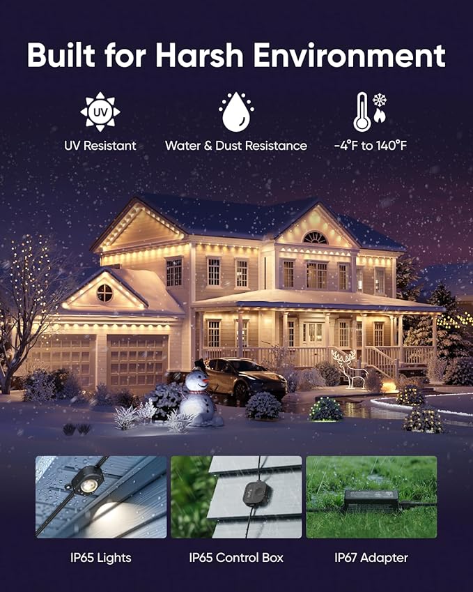 eufy Permanent Outdoor Lights E22, 50ft with 30 Triple-LED Lights, Smart RGBWW, Daily and Holiday, Up to IP67 Waterproof, AI Lighting Themes for Halloween, Christmas, Black
