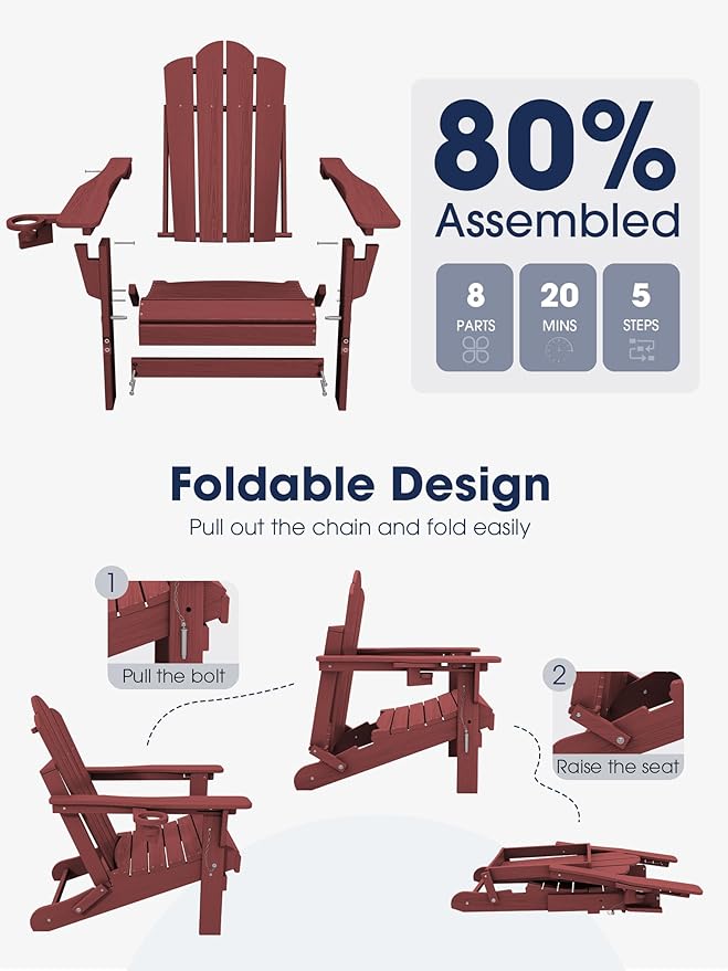 KINGYES Adjustable Folding Adirondack Chair Set of 4, 3-Position Reclining Adirondack Chairs with Cup Holder, HDPE All-Weather Oversized Adirondack for Outdoor, Patio, Backyard Deck, Fire Pit, Red
