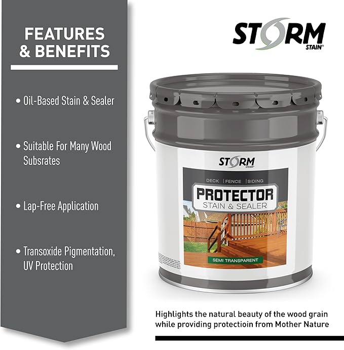 Storm Stain Protector - Golden Oak, 5 Gallons, Protects Outdoor Wood from Water & UV Rays, Siding, Fence & Deck Stain and Sealer, Outdoor Wood Stain and Sealer