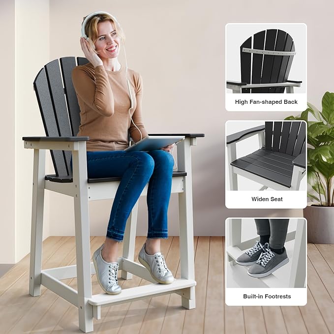 OTSUN Tall Adirondack Chairs, Outdoor Balcony Chair, Patio Bar Stool with Widened Arms, High Back, Footrest, 400lbs, All-Weather Bar Height Chair for Garden, Yard, Backyard