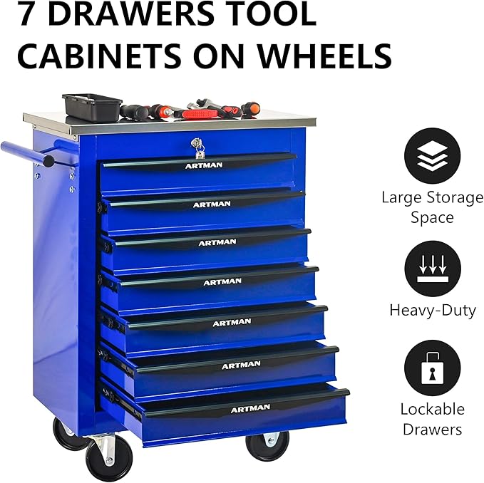 7 Drawers Tool Cart on Wheels, Multifunctional Rolling Tool Box, Drawers Rolling Trolley Organizer Tool Storage Chest for Garage,Workshop,DIY Multiple Interconnectable(4 Drawers-30.5" H)