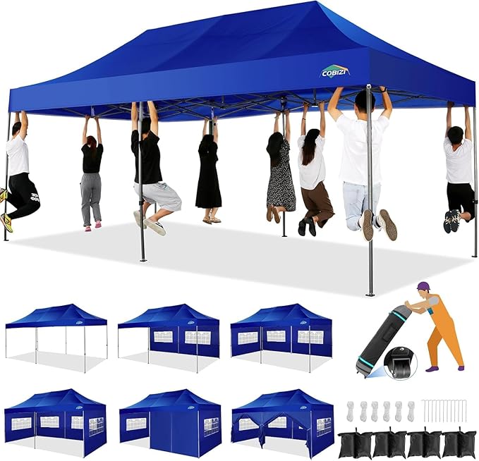 COBIZI 10x20 Heavy Duty Pop up Canopy Tent with 6 sidewalls Easy Up Commercial Outdoor Canopy Wedding Party Tents for Parties All Season Wind & Waterproof with Roller Bag,Navy Blue(Thickened)