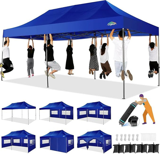 COBIZI 10x20 Heavy Duty Pop up Canopy Tent with 6 sidewalls Easy Up Commercial Outdoor Canopy Wedding Party Tents for Parties All Season Wind & Waterproof with Roller Bag,Navy Blue(Thickened)