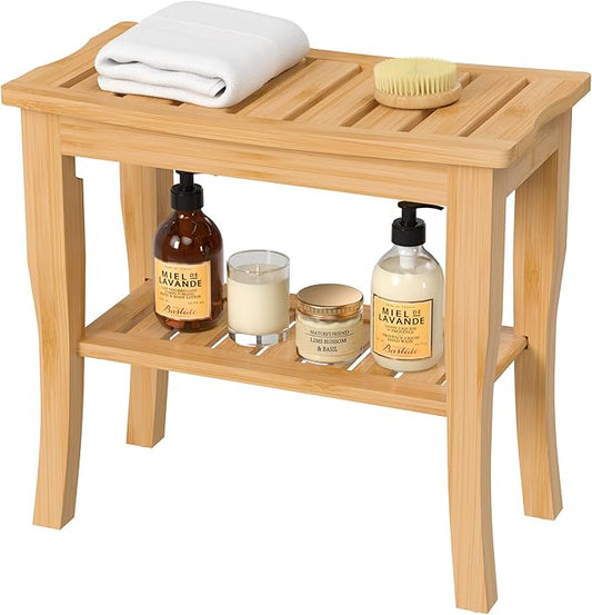 Domax Bamboo Shower Benches for Inside Shower - Bathroom Bench Seat Waterproof Wooden Shower Stool with Storage Shelf for Adults Elderly Seniors Wood Shower Chair for Bathtub or Small Spaces, Natural