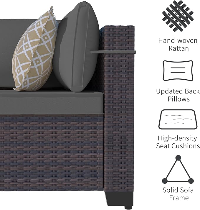Outdoor Patio Furniture Set, 7 Pieces Outdoor Sectional Furniture Patio Sofa, All-Weather PE Rattan Patio Conversation Set with Tempered Glass Top Table & Cushions(Grey).