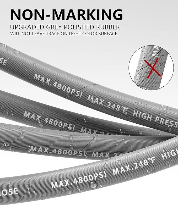 3/8" Pressure Washer Hose 100FT 4800 PSI, Kink Resistant Steel Braided Layer & NonMarking Rubber for Hot/Cold Water, High Power Washer Hose With 3/8 Inch Quick Connect & M22 Fitting, Gray