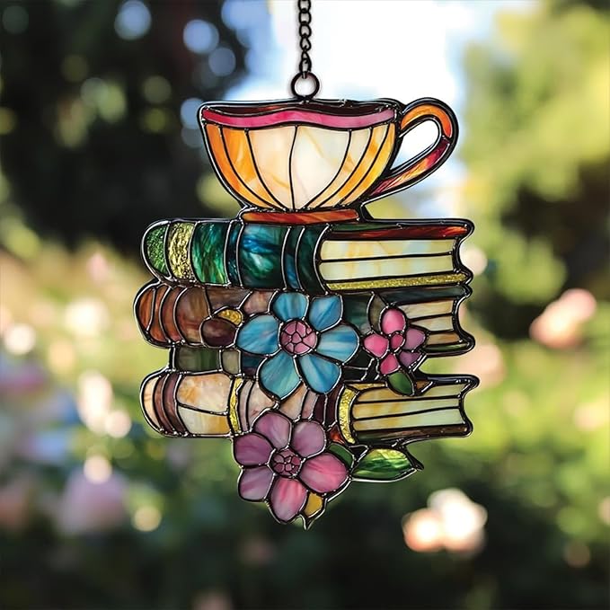 Book Tea Christmas Ornament Floral Teacup Bookish Acrylic Suncatcher Stained Glass Effect Window Hanging for Book Lover Reading Nook Decor Gift for Librarian Readers