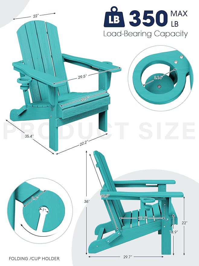 KINGYES Folding Adirondack Chair Set of 6, Dual Cup Holders & All-Weather HDPE, Wood-Like Patio Chair for Backyard, Camping, Pool & Fire Pit, Aruba